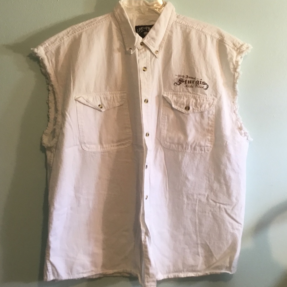 Sturgis SD Biker White Collared Button-Up Shirt with front and back logos